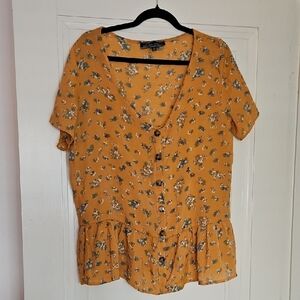 Orange Floral Button-Down V-Neck Blouse, Lightweight, Sheer, Sz XL
